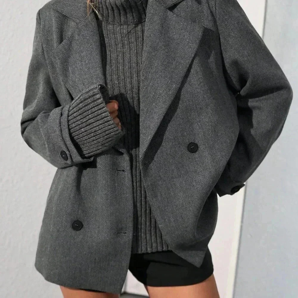 Dark Grey Casual Women's Oversized Turndown Collar Herringbone Mid-Length Jacket - Picture 6 of 6